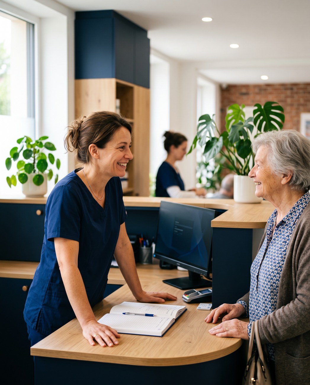 À l’accueil, une secrétaire médicale échange en souriant avec une patiente âgée.