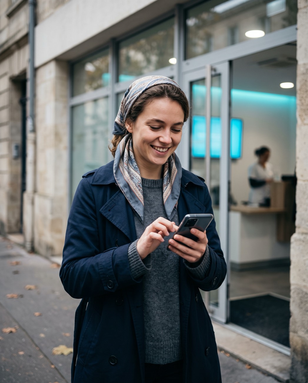 Une jeune femme sourit en écrivant sur son téléphone devant l’entrée du cabinet.