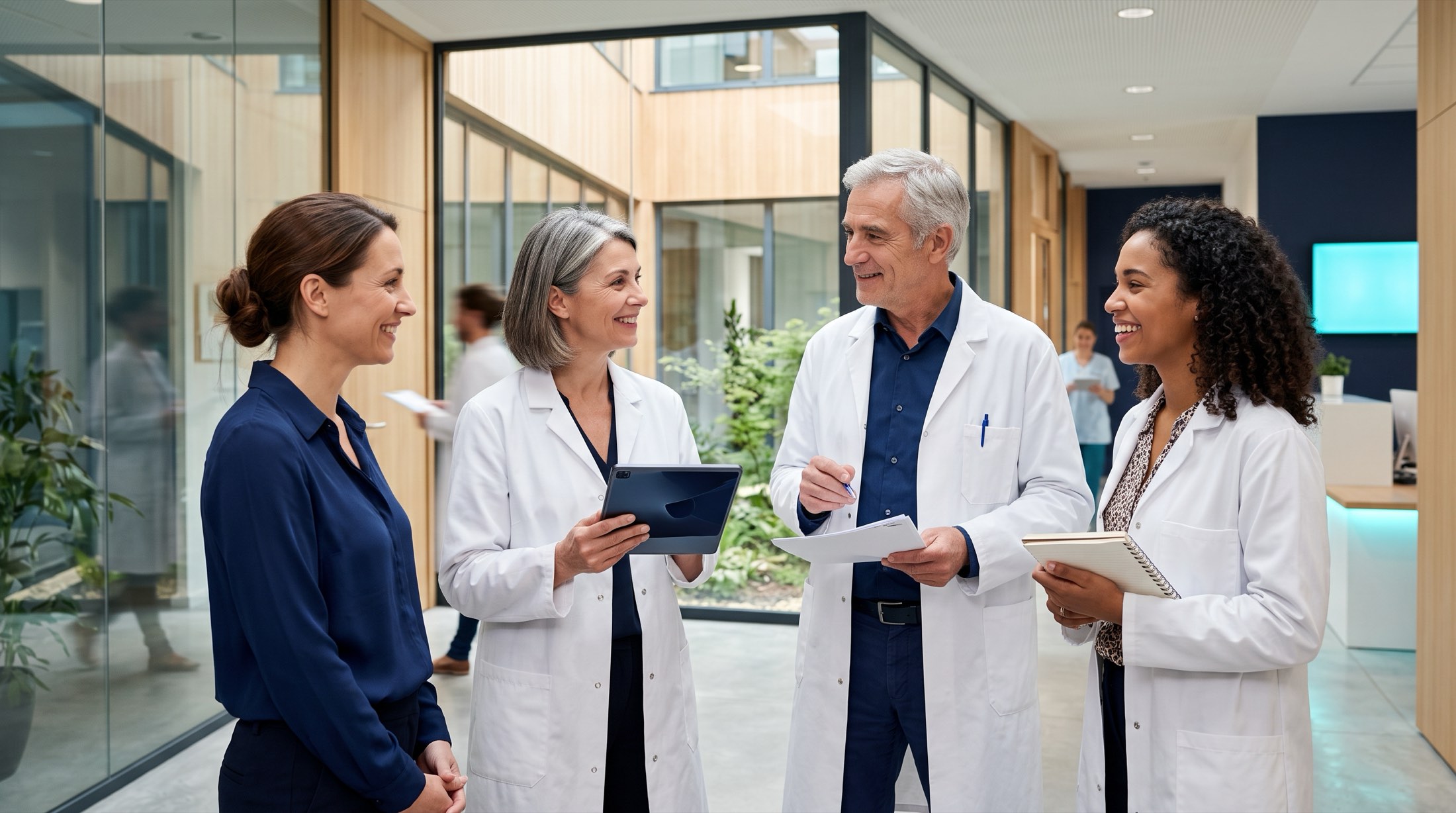 Des médecins et une secrétaire échangent dans le couloir lumineux d’un centre médical.