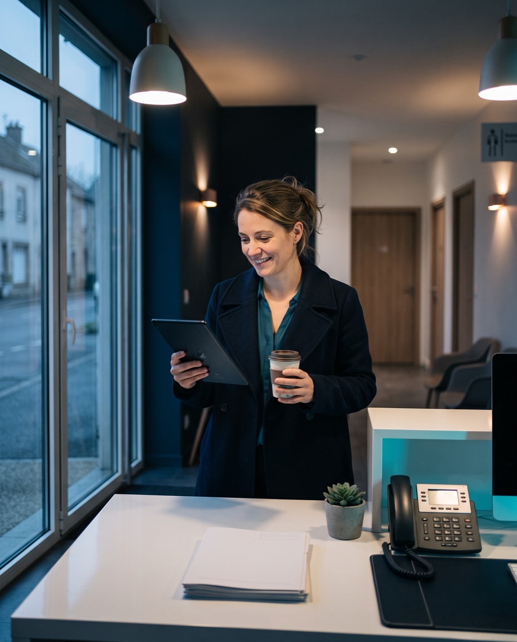 Une secrétaire médicale arrive le matin, un café à la main, et lit le récapitulatif sur sa tablette.