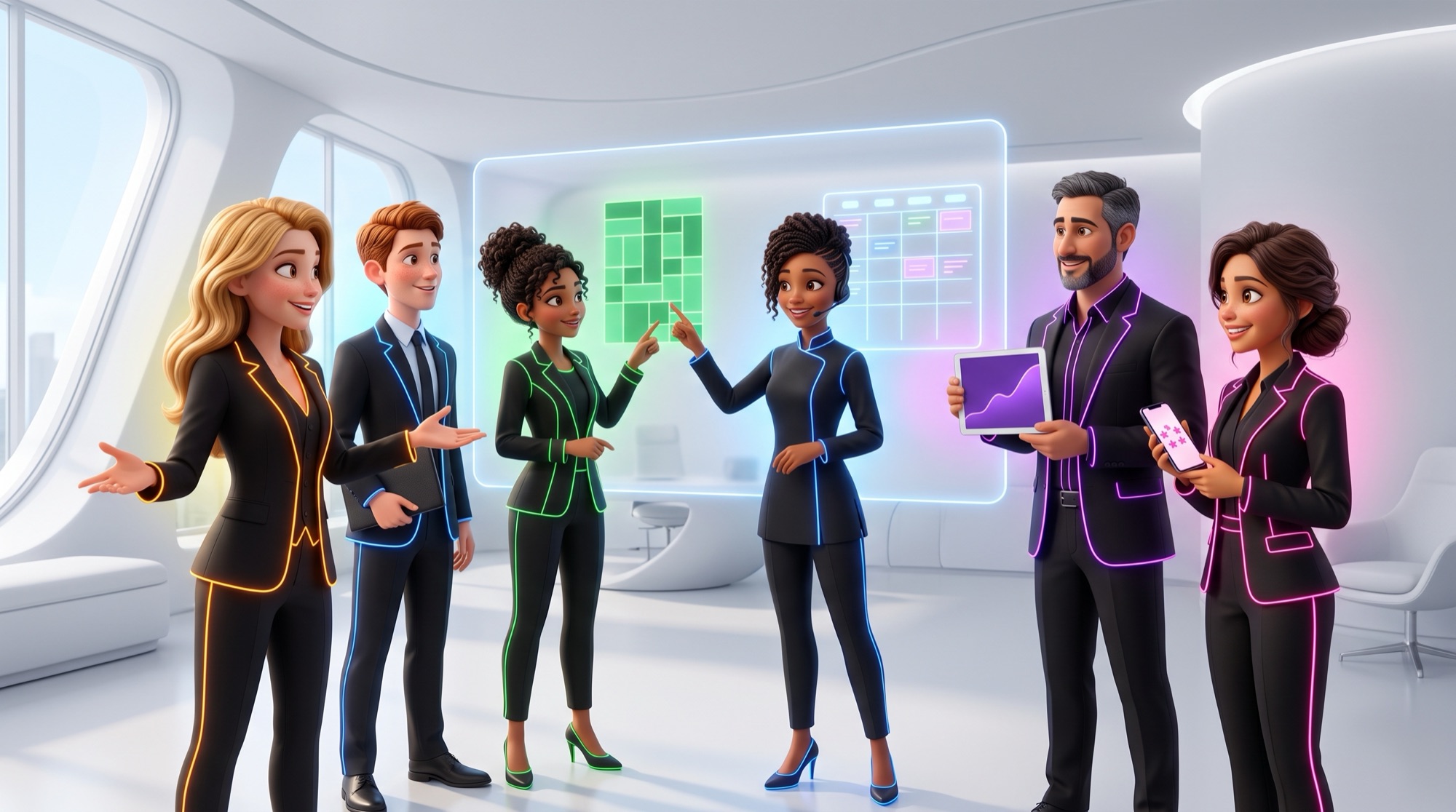 En illustration 3D, les six employés virtuels travaillent ensemble devant un grand tableau lumineux : agenda, planning, courbe de trésorerie et avis.