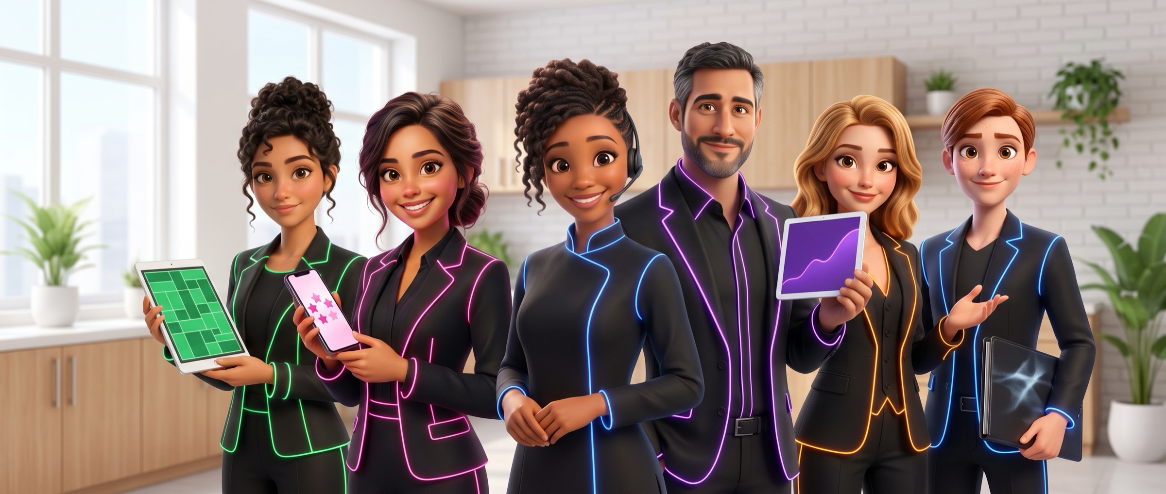 L’équipe SoiAgent en illustration 3D : Flora, Nova, Zuri, Hugo, Eva et Alex, côte à côte dans un cabinet lumineux, chacun avec le liseré néon de sa couleur.