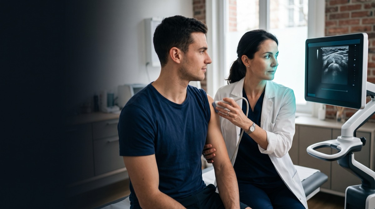 Une médecin réalise une échographie d’épaule.