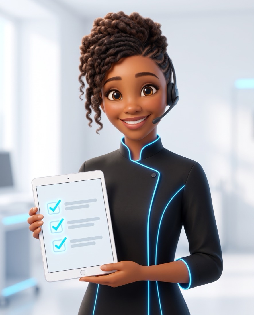 Zuri, en illustration 3D, présente une liste de préparation sur une tablette.