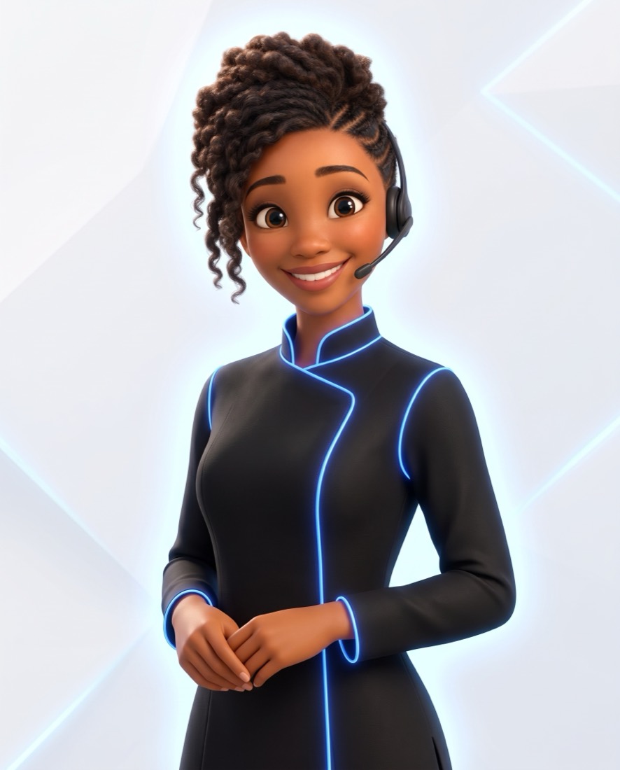 Zuri, en illustration 3D, sourit.