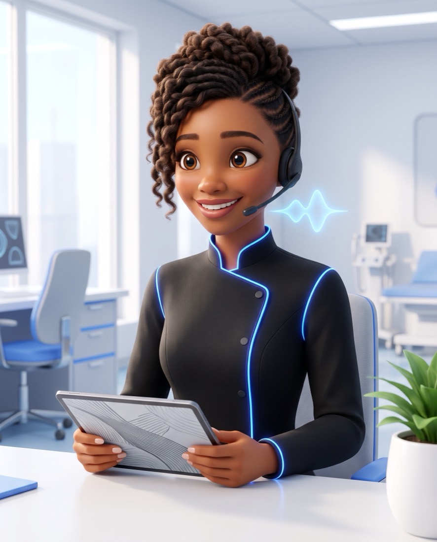 Zuri, en illustration 3D, écoute et rédige sur une tablette.