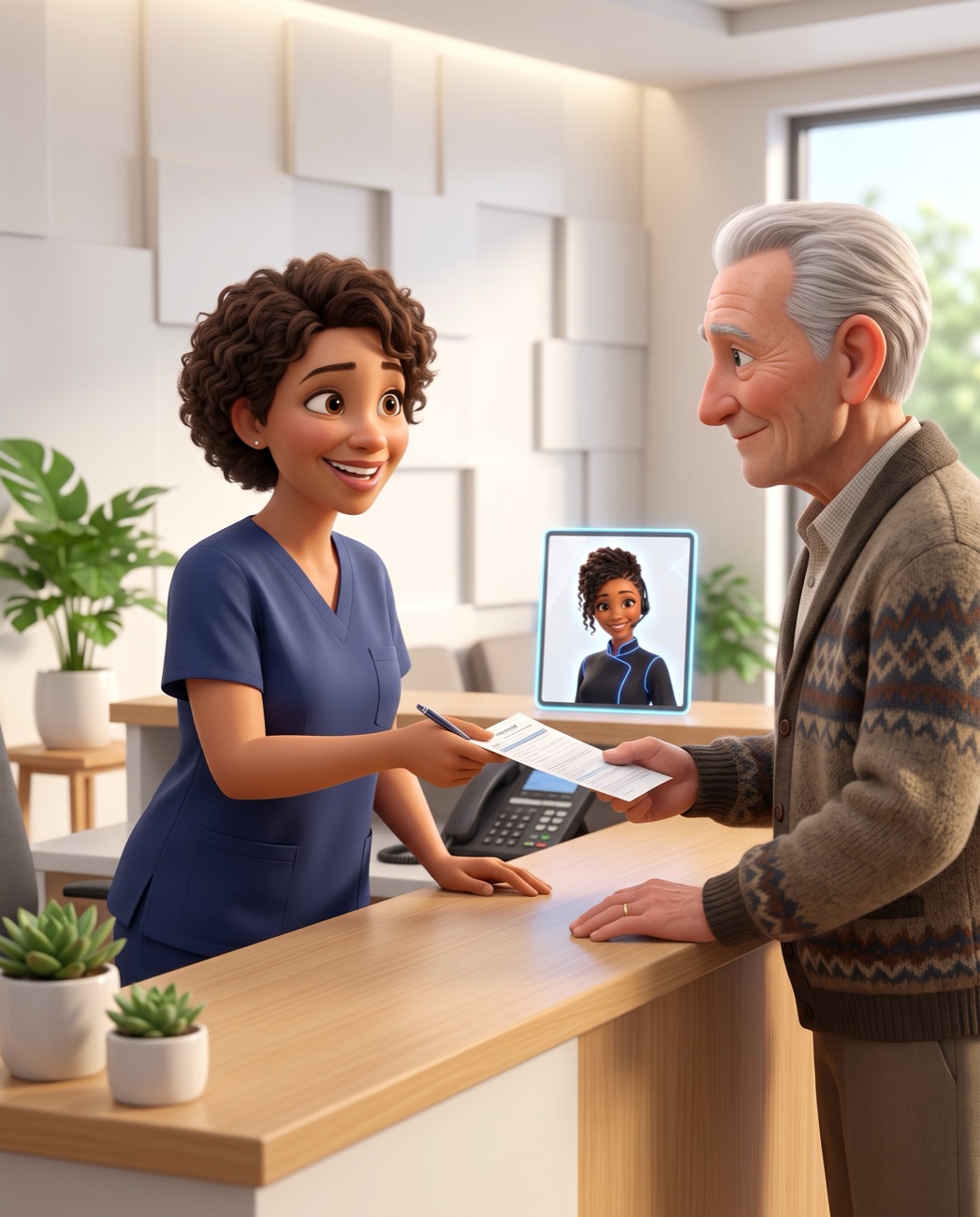 En illustration 3D : au comptoir, une secrétaire médicale tend un document à un patient âgé ; sur l’écran du bureau, Zuri tient le téléphone.