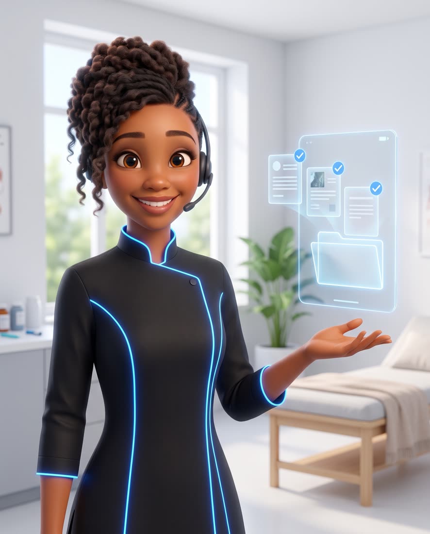 Zuri, en illustration 3D, montre des documents qui se rangent dans le dossier du patient.