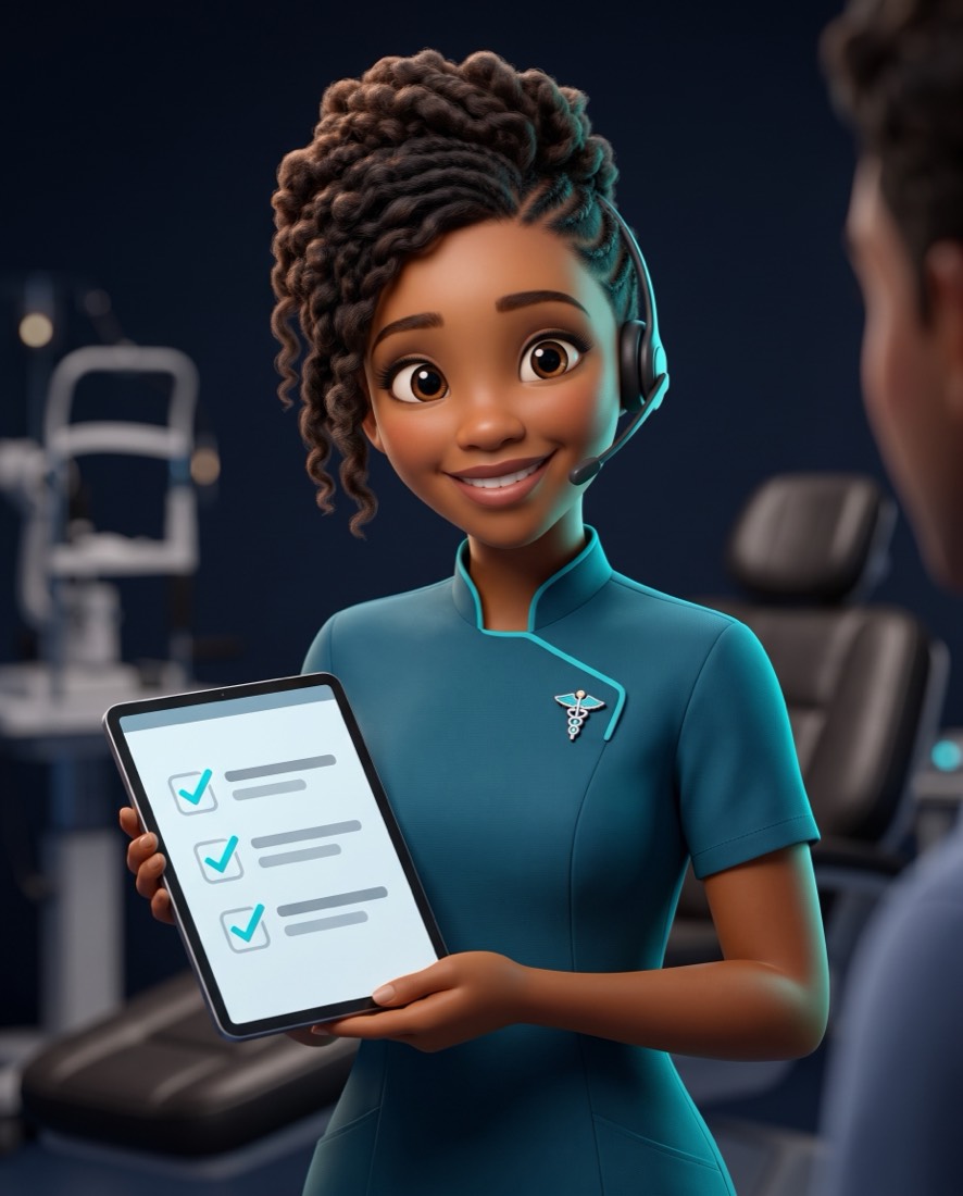 Zuri, en illustration 3D, présente une liste de préparation sur une tablette.