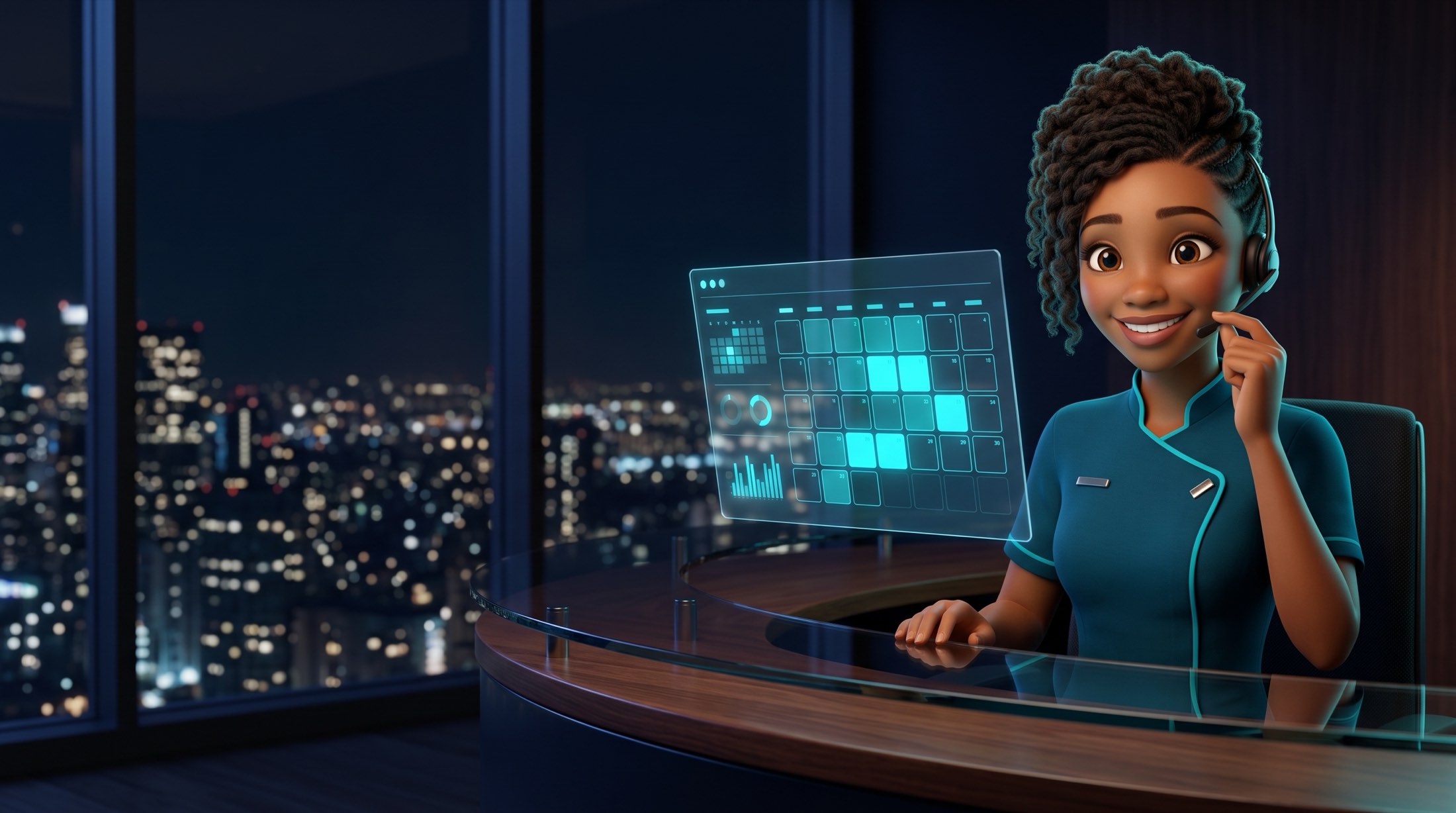 Zuri, en illustration 3D, répond à un appel avec son casque, de nuit, devant l’agenda du cabinet.