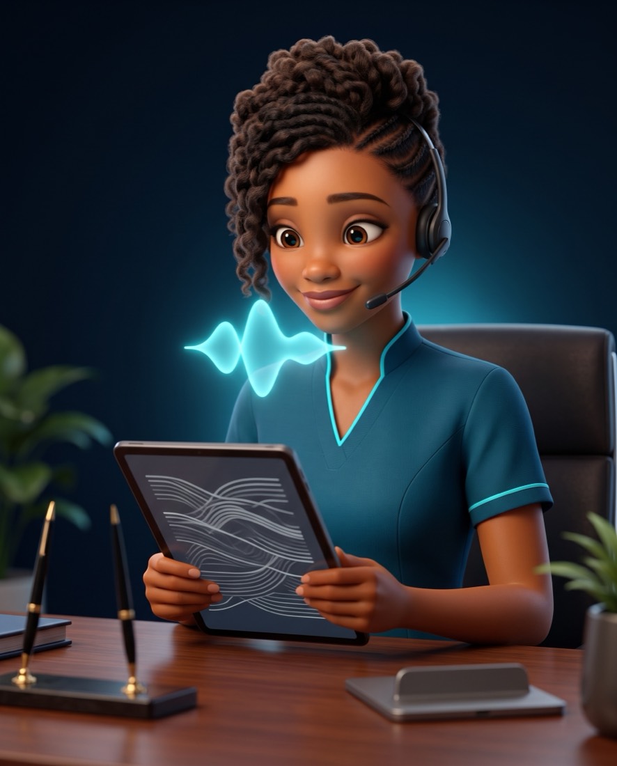Zuri, en illustration 3D, écoute et rédige sur une tablette.