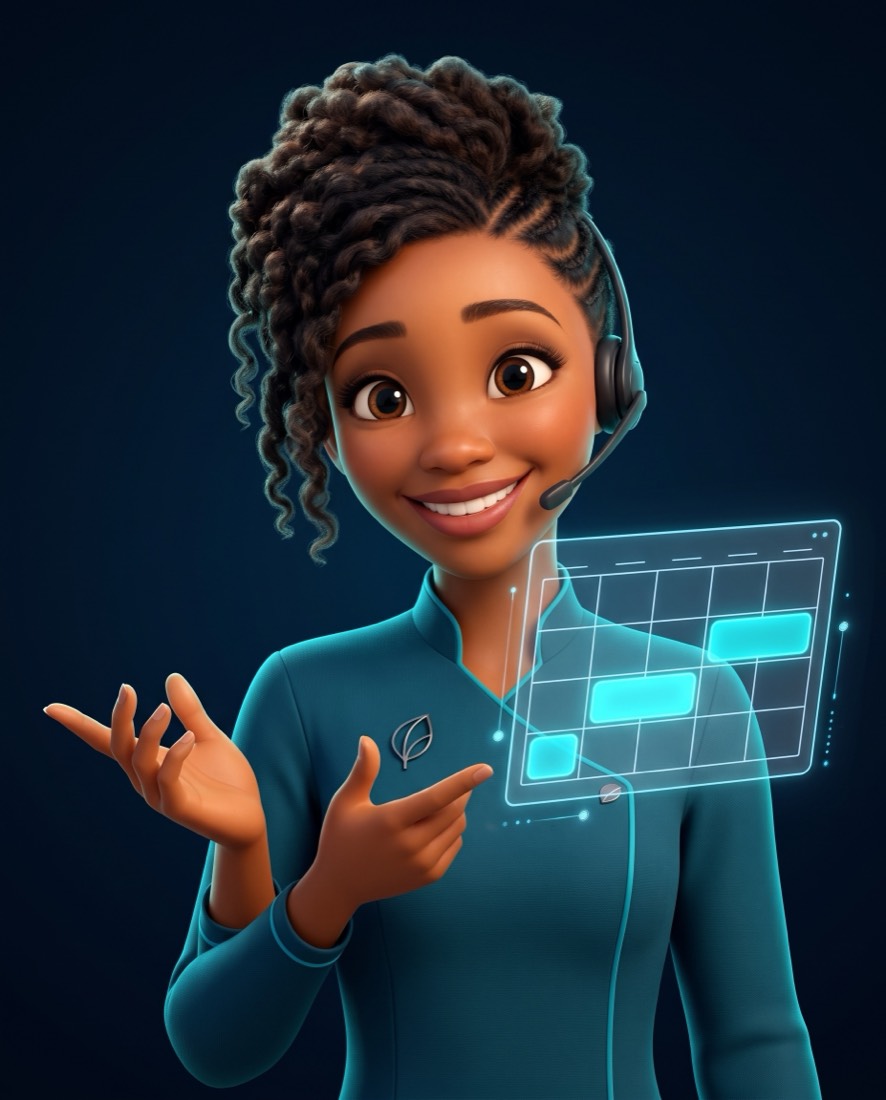 Zuri, en illustration 3D, au téléphone devant un agenda.