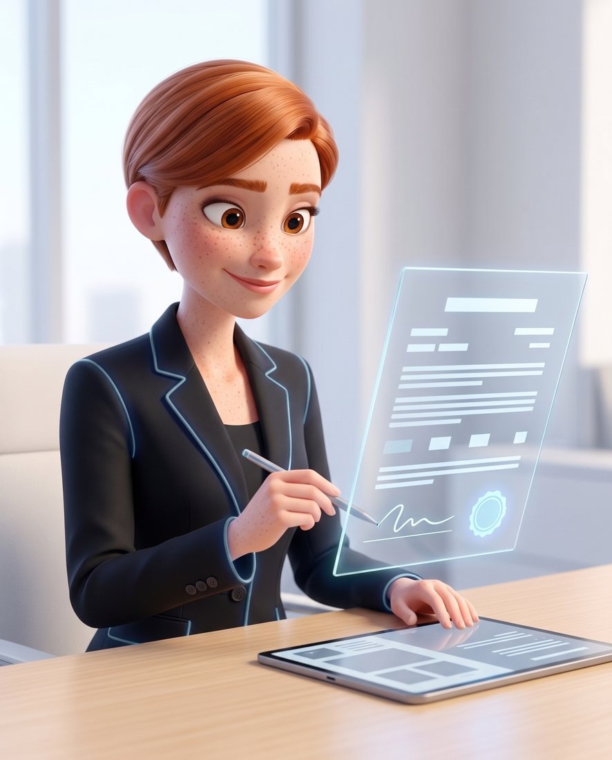 Alex, en illustration 3D, signe un contrat de verre ; un sceau bleu apparaît.