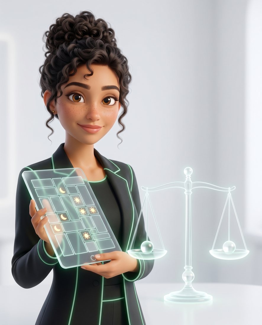 Flora, en illustration 3D, tient un calendrier de gardes à côté d’une balance en équilibre.