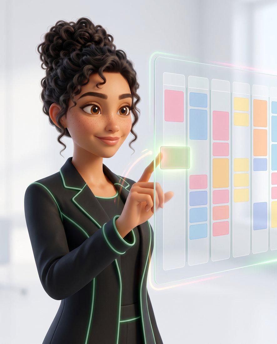 Flora, en illustration 3D, glisse un créneau dans un planning de verre.