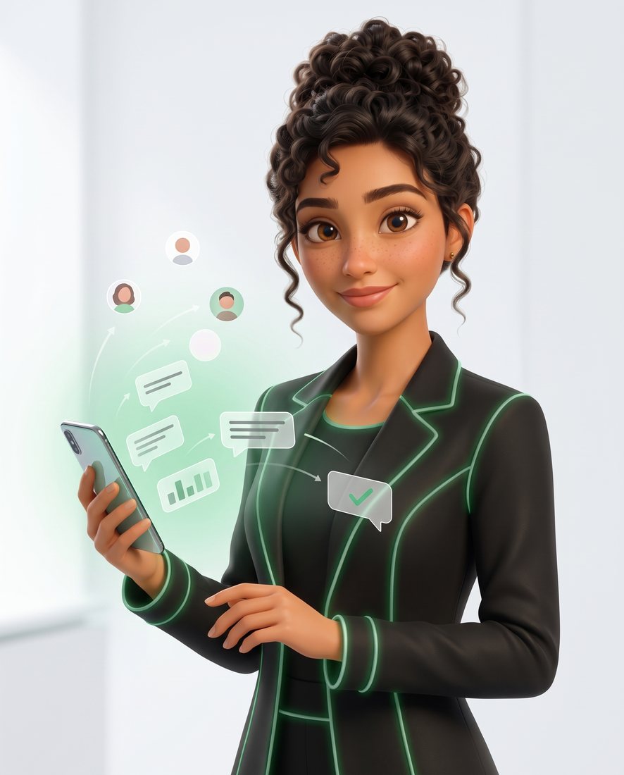 Flora, en illustration 3D, envoie des messages depuis son téléphone ; une réponse revient validée.