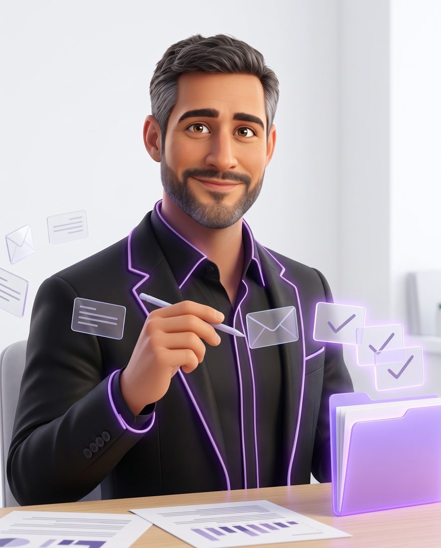 Hugo, en illustration 3D, envoie des rappels qui reviennent validés dans un dossier violet.