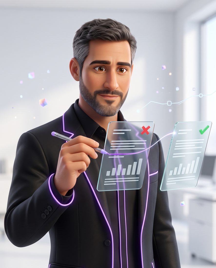 Hugo, en illustration 3D, corrige un document rejeté qui repart validé.