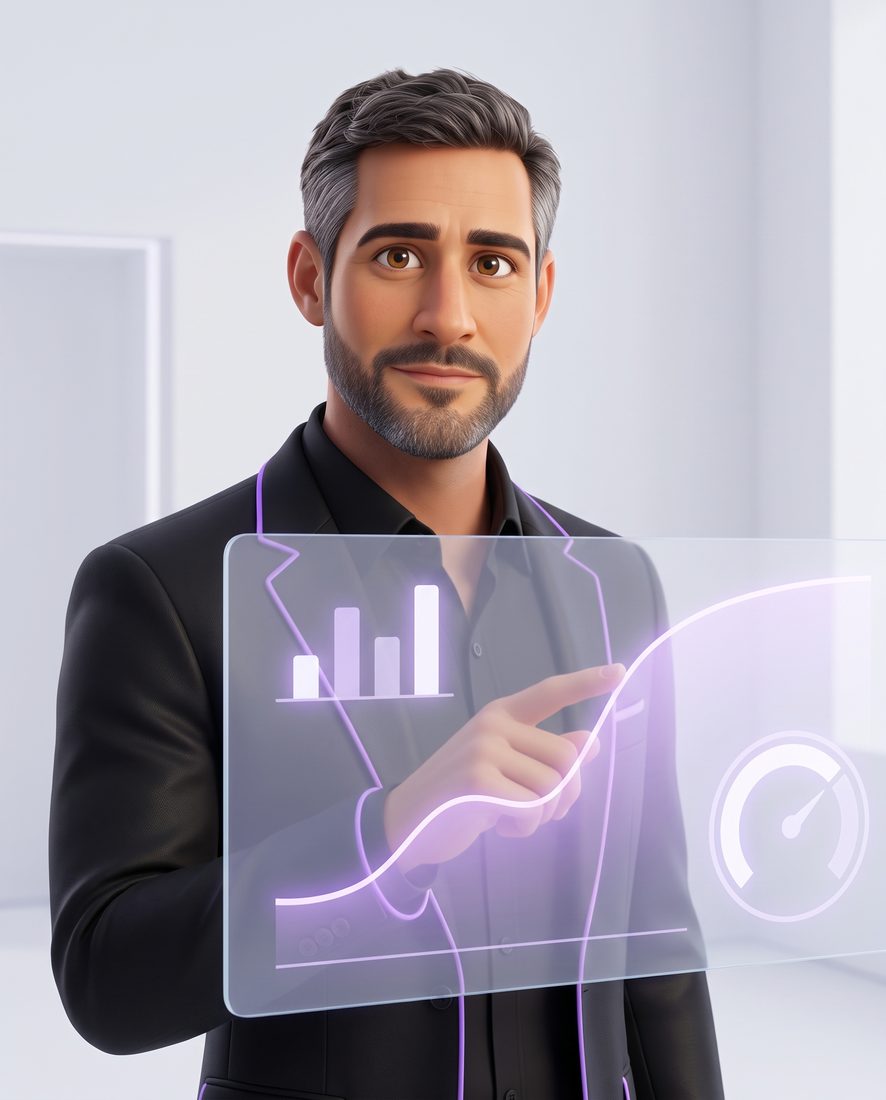 Hugo, en illustration 3D, présente un tableau de trésorerie sur un écran de verre.
