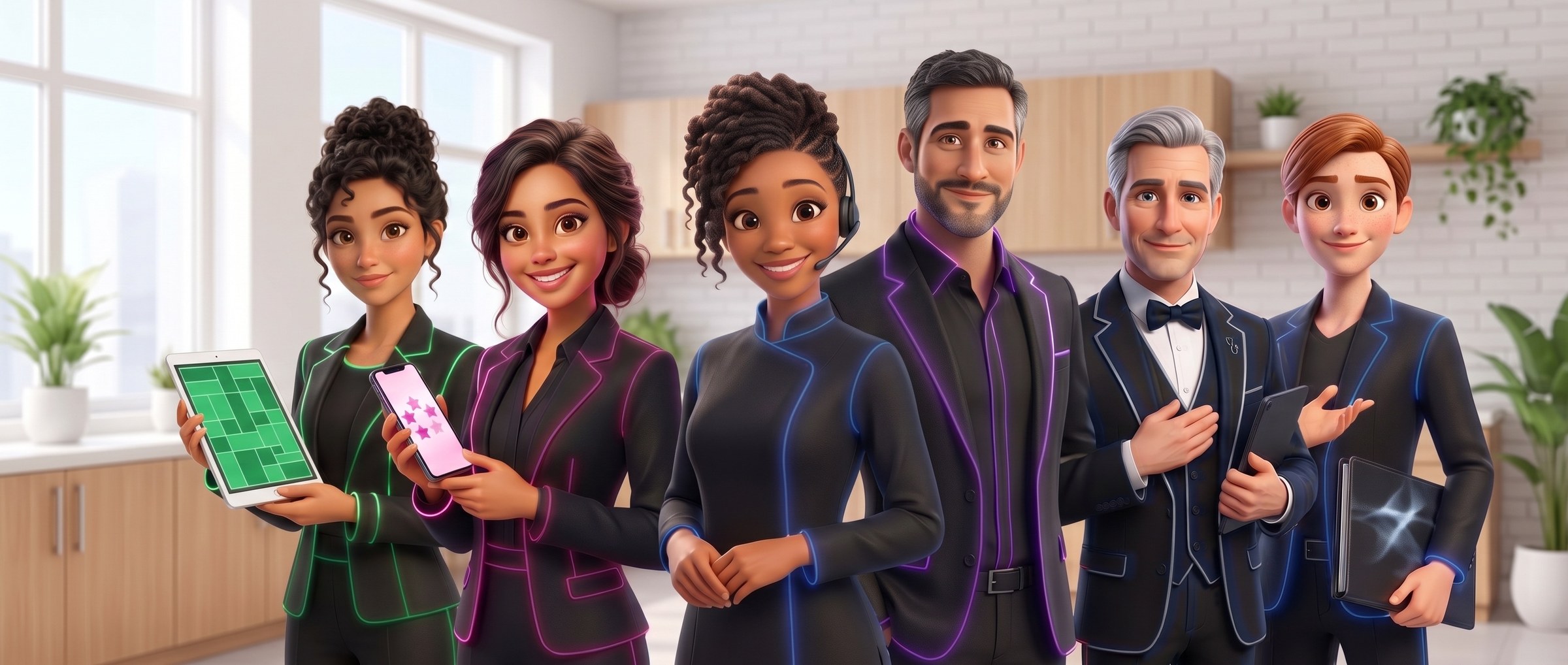 L’équipe SoiAgent en illustration 3D : Flora, Nova, Zuri, Hugo, MajorDoc et Alex, côte à côte dans un cabinet lumineux, chacun avec le liseré néon de sa couleur.