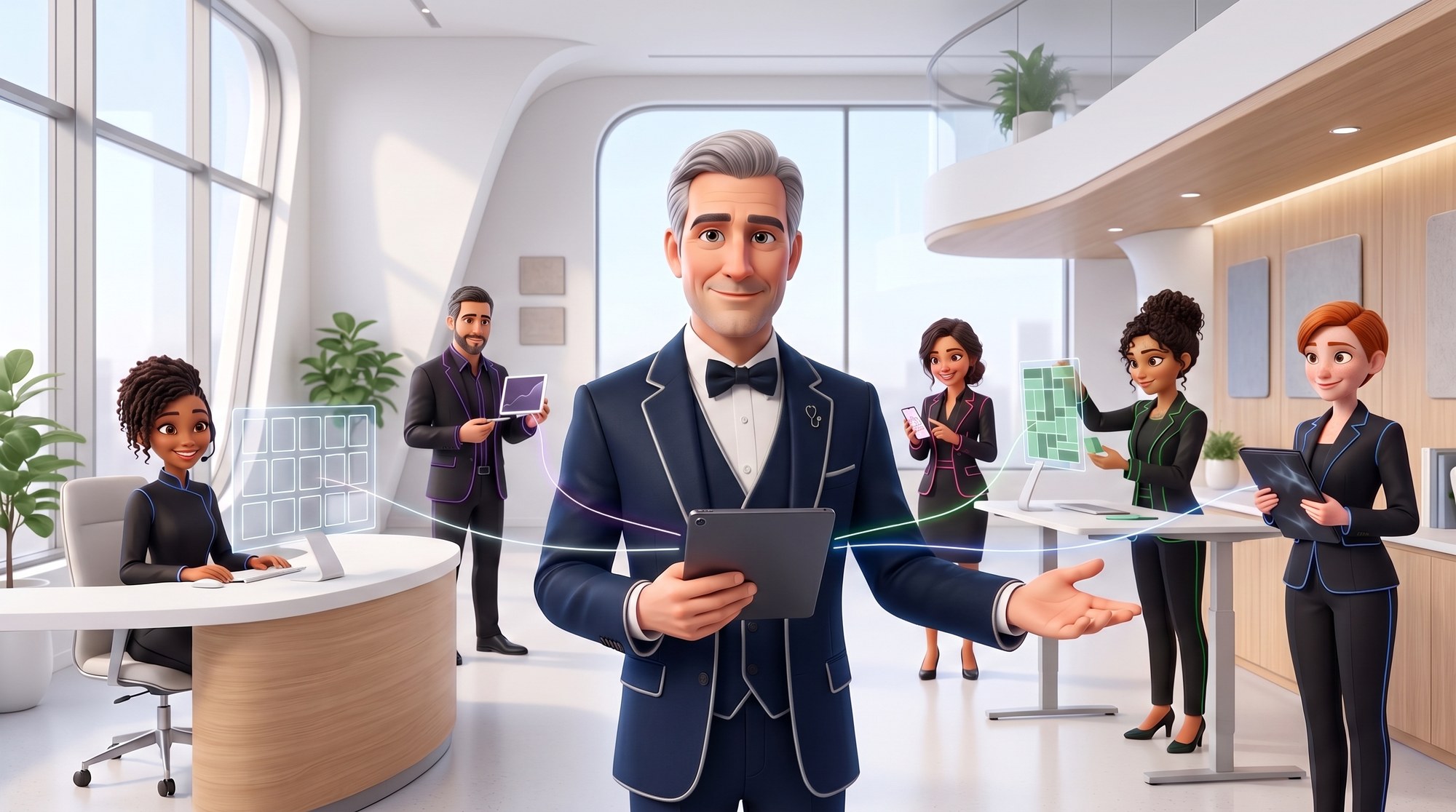 En illustration 3D, MajorDoc au centre, tablette en main ; autour de lui Zuri, Hugo, Nova, Flora et Alex travaillent à leur poste, et un fil de la couleur de chacun remonte jusqu’à lui.