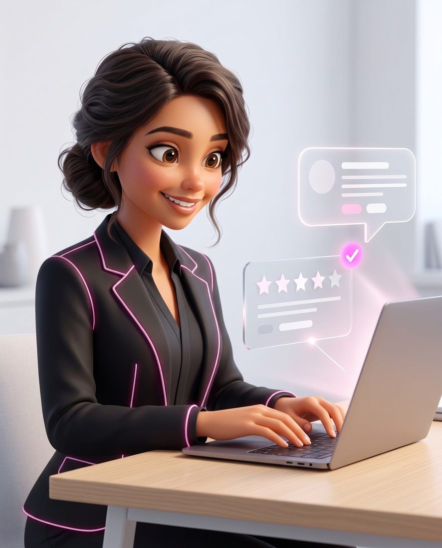 Nova, en illustration 3D, rédige une réponse à un avis à cinq étoiles.