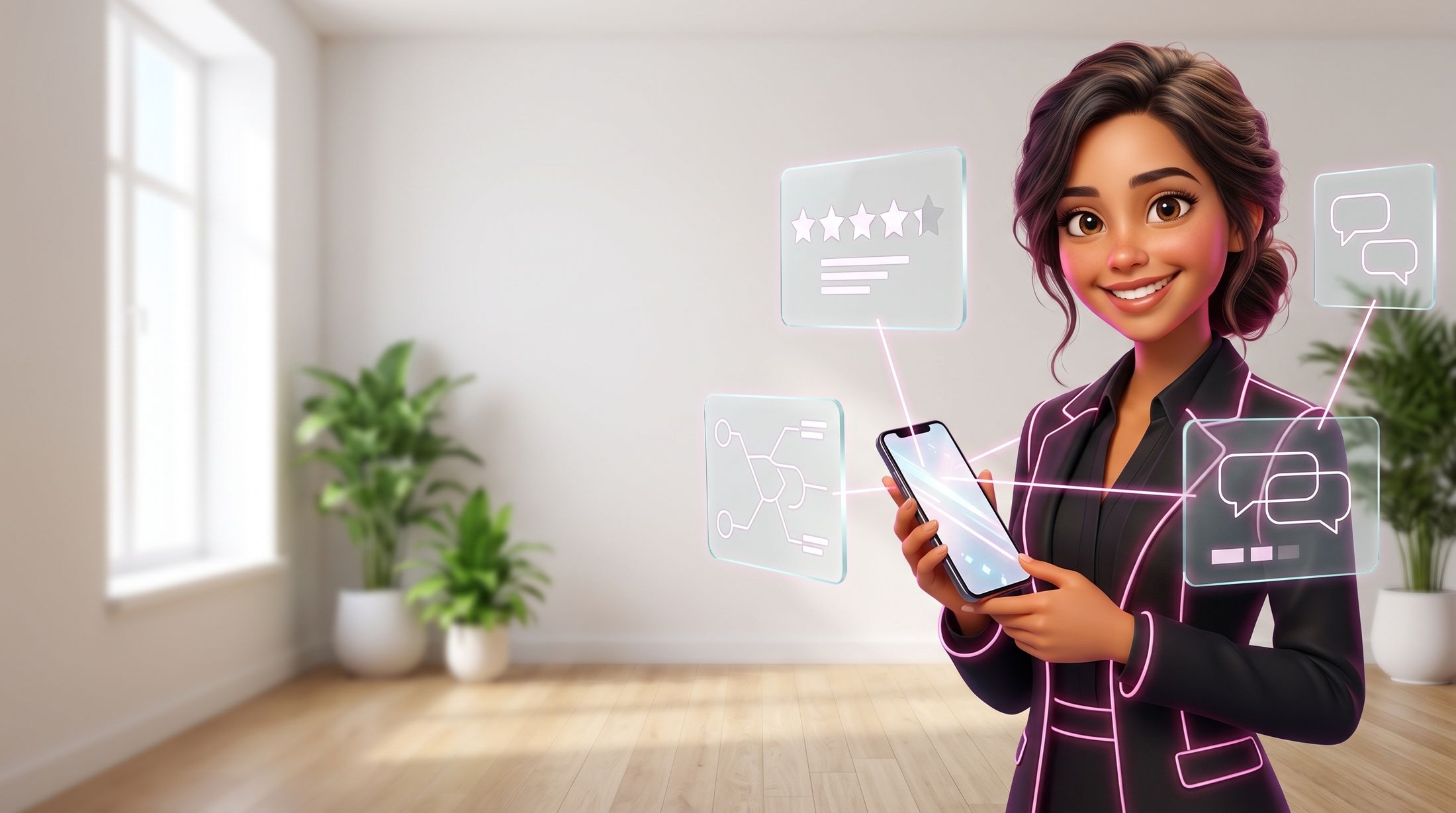 Nova, en illustration 3D, veste noire à liseré rose, un téléphone à la main, entourée de cartes de verre : un avis à cinq étoiles et des réponses.