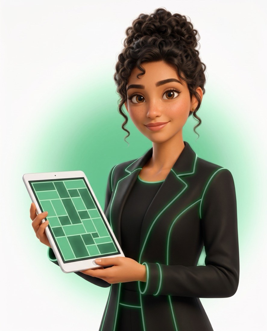 Flora, en illustration 3D, sourit.