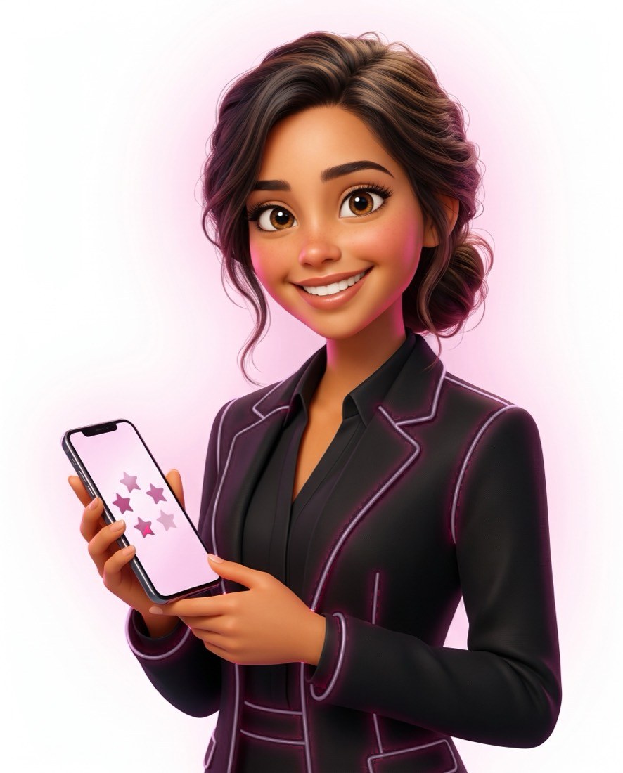 Nova, en illustration 3D, sourit, un téléphone à la main.