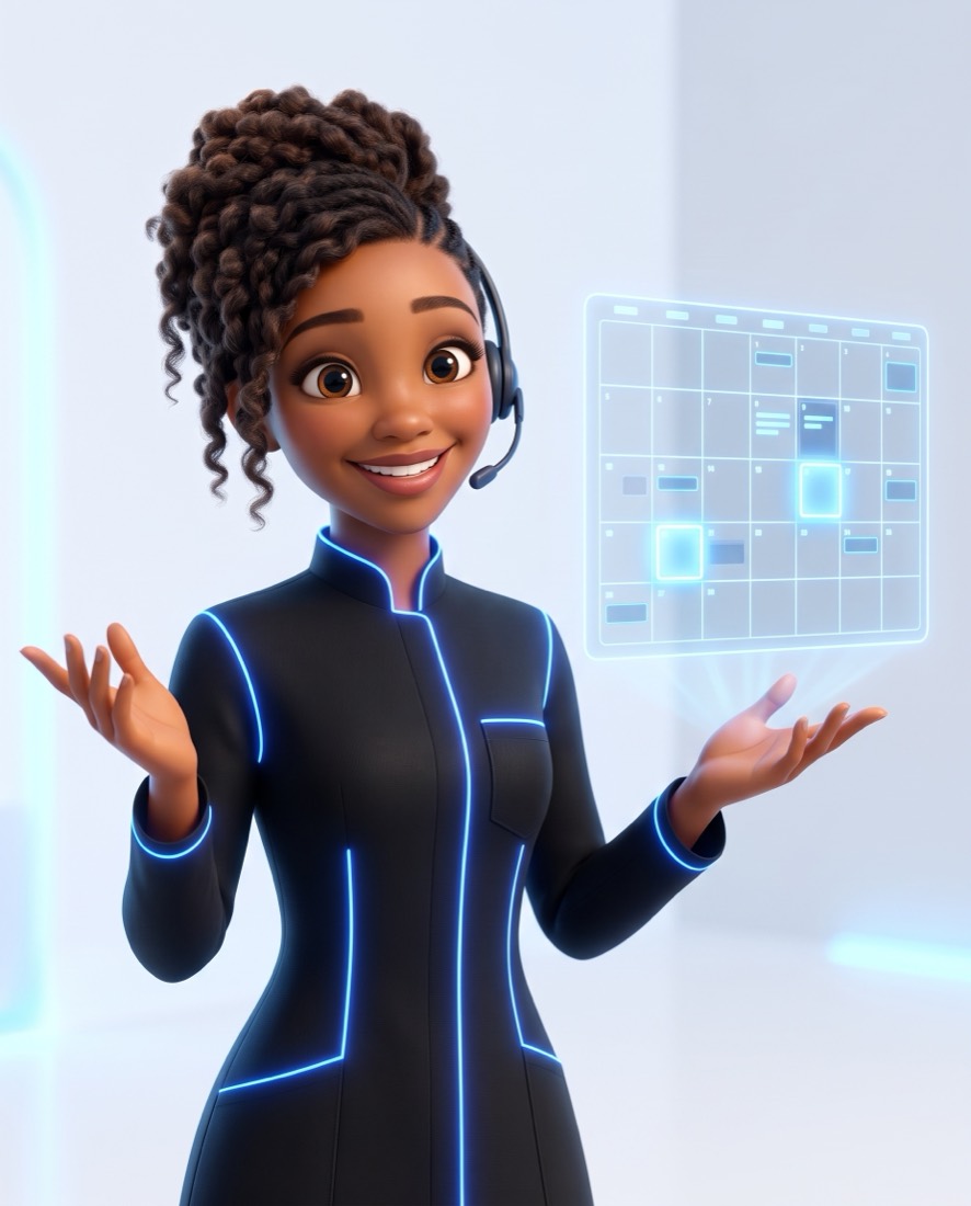 Zuri, en illustration 3D, au téléphone devant un agenda.