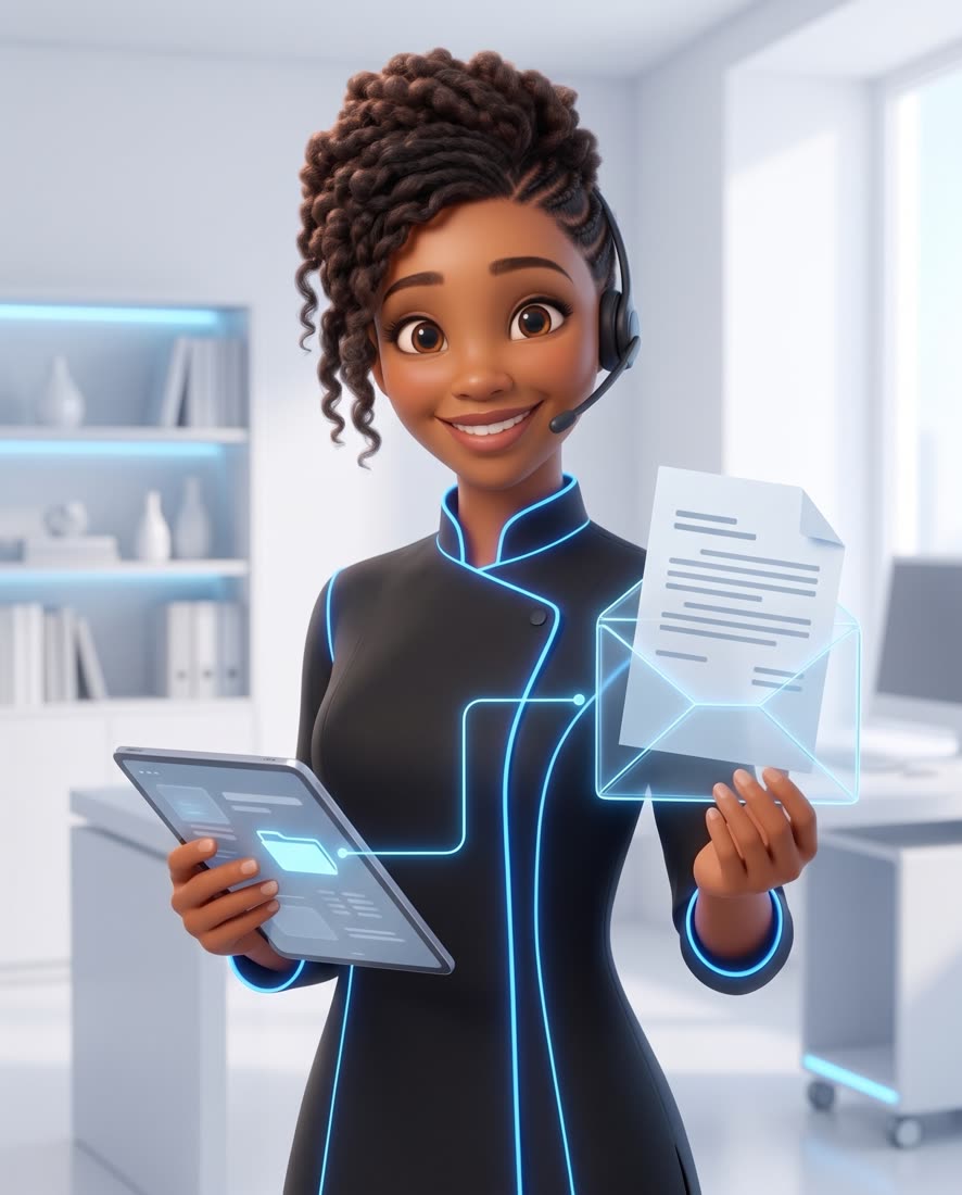 Zuri, en illustration 3D, présente un courrier d’adressage relié au dossier du patient.