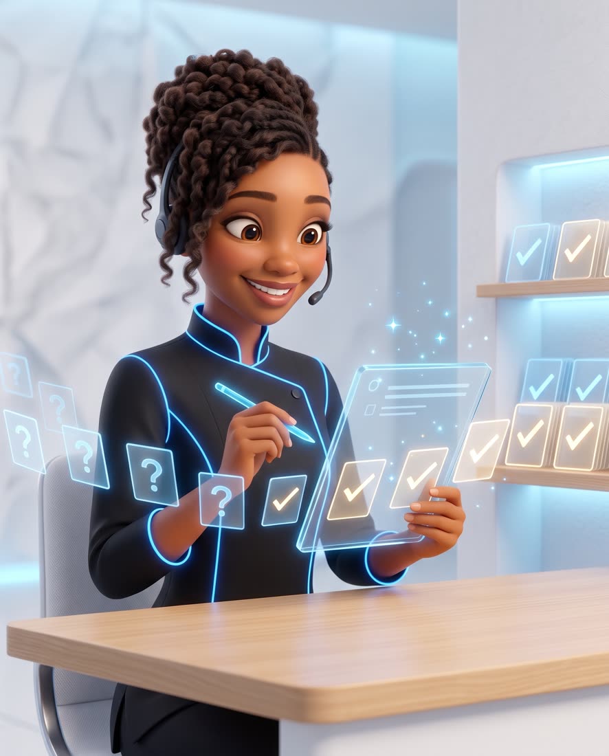 Zuri, en illustration 3D, apprend : des cartes-questions deviennent des réponses rangées sur une étagère.