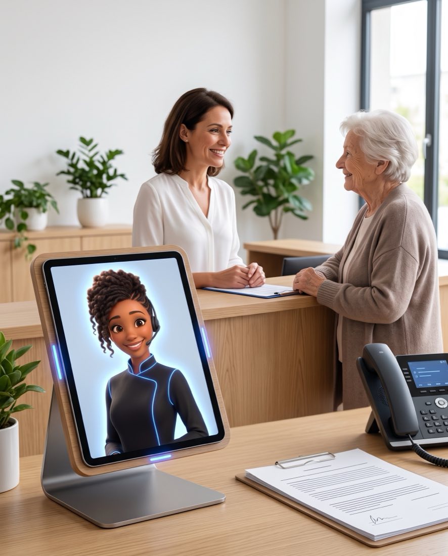 Image réaliste générée par IA : au comptoir, une secrétaire médicale accueille une patiente âgée ; sur le bureau, Zuri répond au téléphone depuis une tablette.